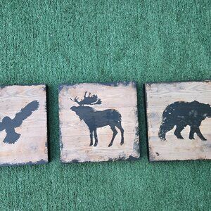 IKEA "Bjornamo" Trio of Rustic Wildlife Wooden Wall Art Blocks NWOT